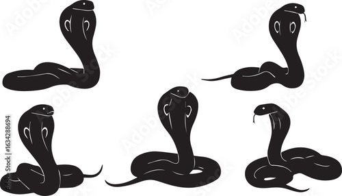 Six Black Silhouette Cobra Snakes in Various Poses on White Background serpent reptile