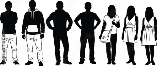 A diverse group of men and women, black silhouettes representing a multi-ethnic crowd, standing together for teamwork and collaboration.