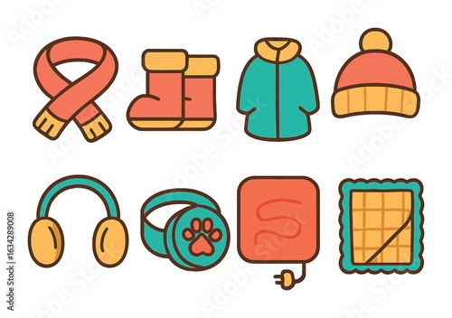 Winter Pet Accessories. Flat vector mini-illustrations Winter pet accessories in colors children's