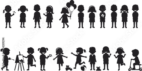 Whimsical children silhouettes in diverse poses and playful activities: painting, running, scooter riding, balloon holding, and toy play