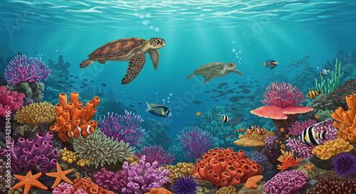 Digital Illustration of a Vibrant Underwater Coral Reef with Swimming Sea Turtles