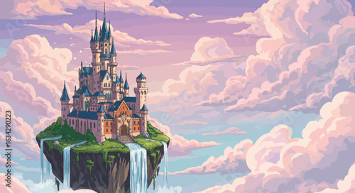 A majestic fantasy castle floating on a sky island with ethereal clouds.