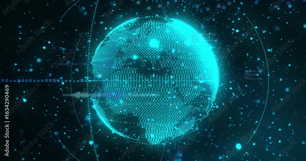 Fototapeta premium Holographic Earth spinning in virtual display, with glowing points, network lines and particles