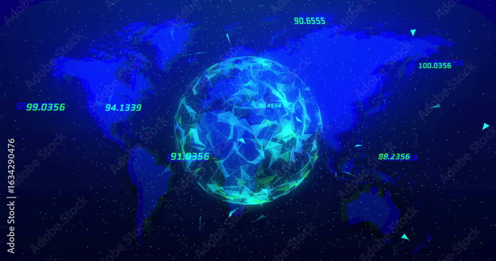 Naklejka premium Floating low-poly network sphere hovering over world map, with streaming lines and numeric labels