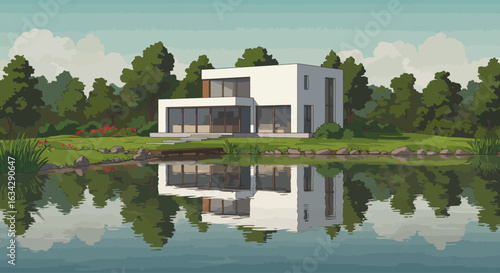 Modern minimalist house by a lake with forest reflection illustration.