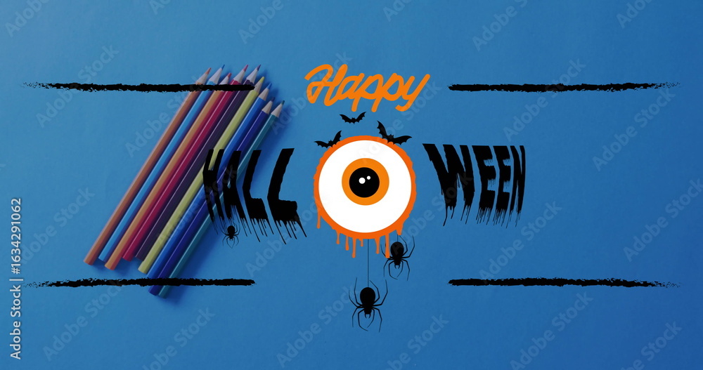 Fototapeta premium Showing Halloween graphic on blue backdrop, colored pencils and orange eyeball, bats and spiders