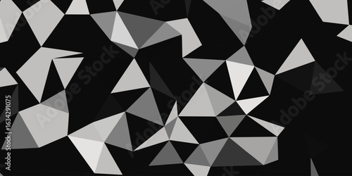 A geometric pattern composed of various gray and white polygons set against a black background. 