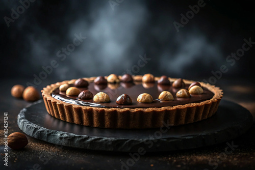 Delicious gourmet chocolate tart topped with hazelnut kernels beautifully presented on dark slate