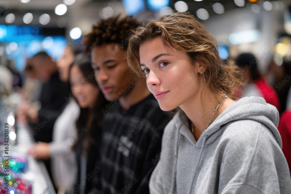 Fototapeta premium A group of young adults interact while shopping in a modern store, showcasing friendship, trends, and personal style in an engaging, vibrant environment.