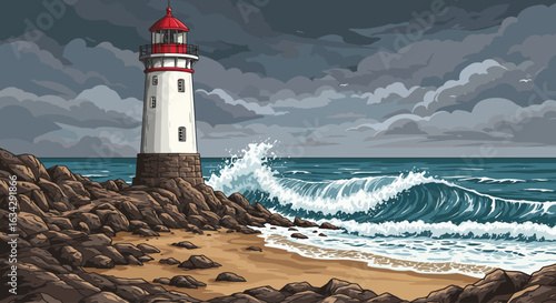 Pixel art illustration of a lighthouse on a stormy coast
