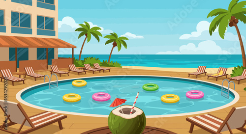 A poolside resort scene with palm trees, lounge chairs, a swimming pool with floats, and a coconut drink.
