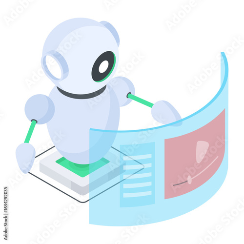 Futuristic isometric robot interacting with holographic screen, representing AI and advanced digital technology
