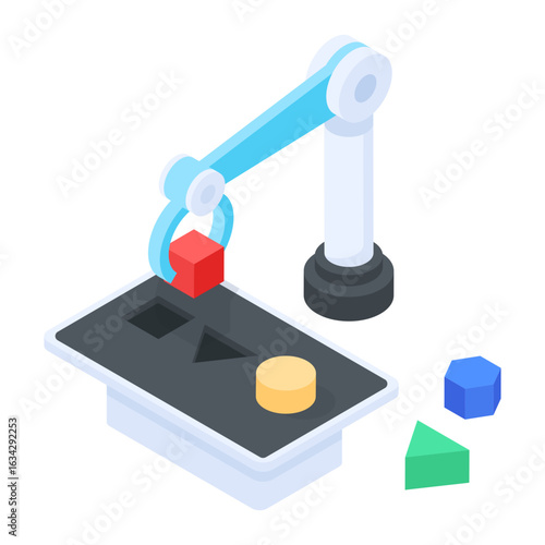 Robotic Arm Precisely Placing Geometric Shape Illustrating Automated Assembly and Smart Sorting