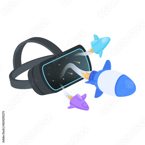 Immersive Virtual Reality Headset Displaying Dynamic Rocket Game and Space Exploration