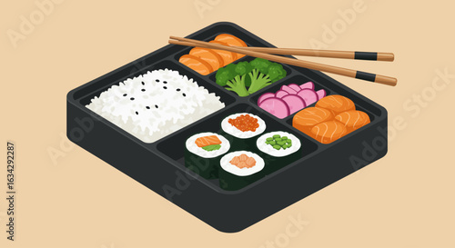 A black bento box filled with rice, sushi, salmon, vegetables, and other Japanese foods is depicted in an illustration.
