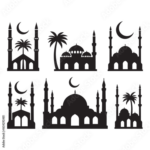 A set of black and white silhouette illustrations of Islamic mosques against a white background. 