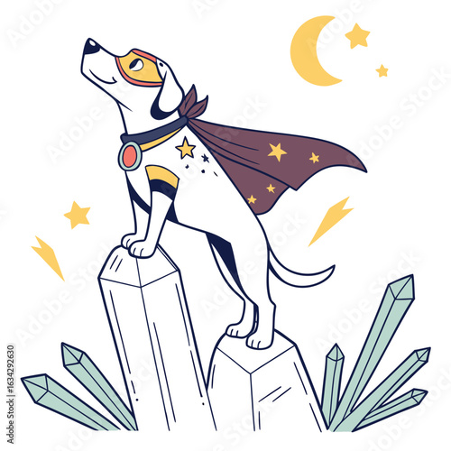 Cartoon illustration of a superhero dog standing on crystals with moon and stars