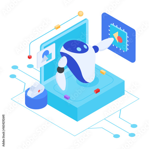 Isometric Robot Interacting with Digital Data and Technology for Artificial Intelligence and Automation Solutions
