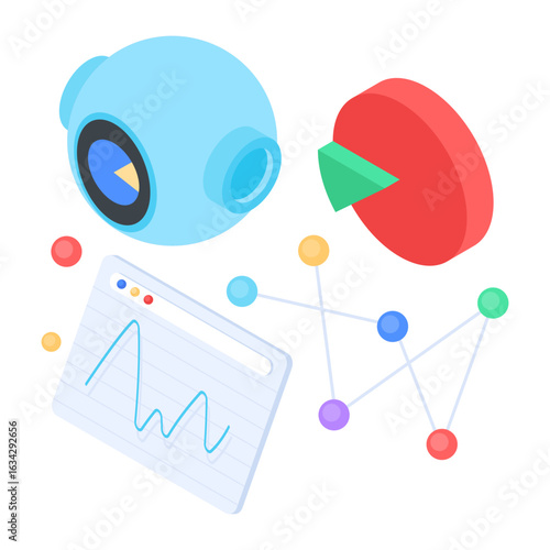 Isometric Digital Data Analytics Artificial Intelligence and Network Security Concept