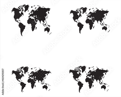 World Map Variations in Black and White Global Representation with Detailed Continental Outlines and Dot Patterns for Cartography Design and Geographical Concepts