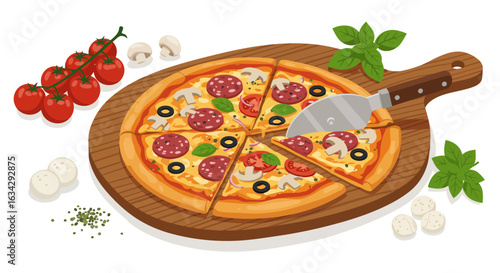Classic Italian salami pizza on a wooden board with fresh ingredients