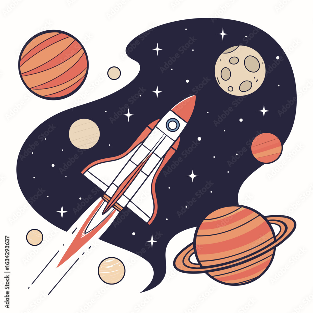 Fototapeta premium Space exploration vector with rocket and planets