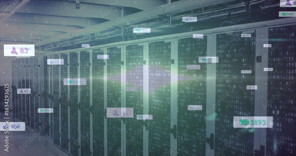 Fototapeta premium Displaying server cabinets with network cables in data center aisle, with binary code overlays