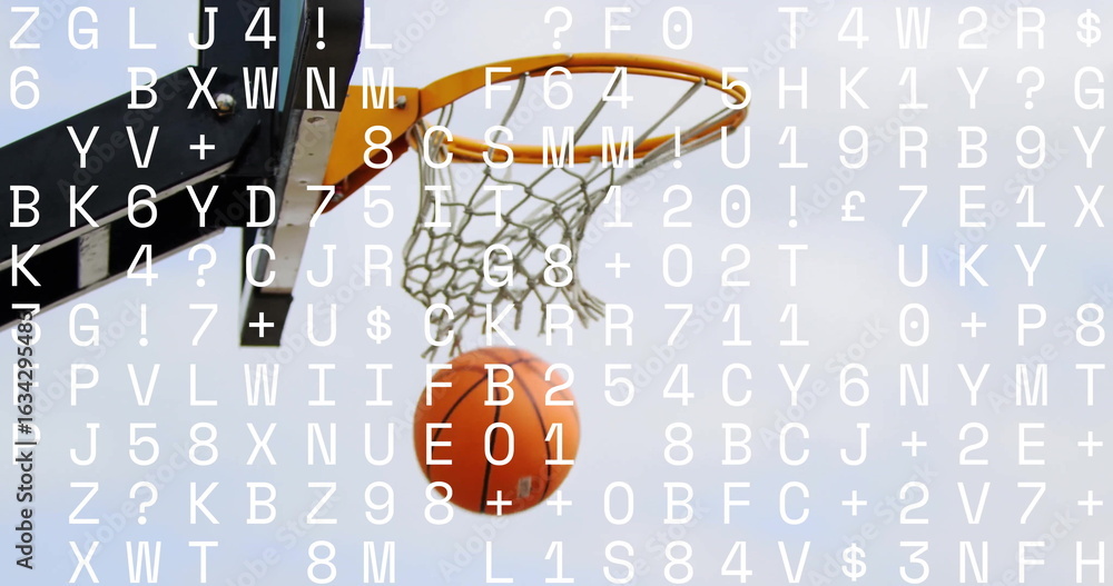 Fototapeta premium Passing orange basketball through metal hoop at playground, with white net and backboard edge