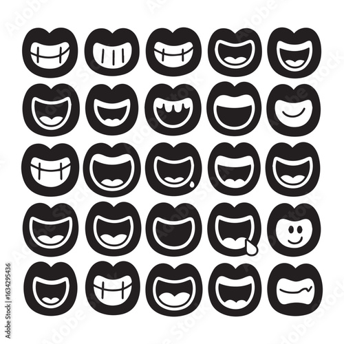 Black and white illustration showcasing a collection of 20  cartoon mouth expressions meticulously..