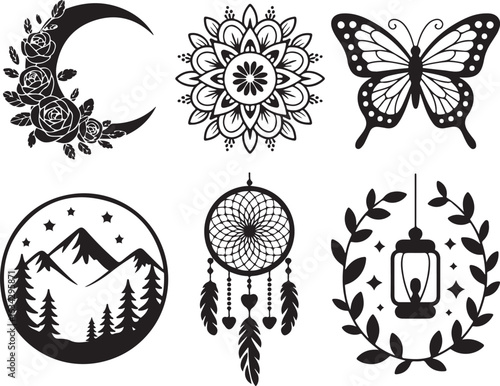 Boho celestial nature elements with moon, mandala, butterfly, mountains