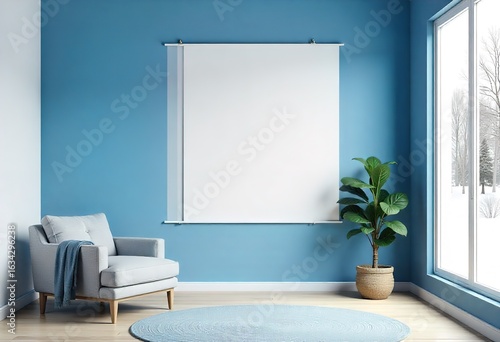 blank-white-poster-on-a-wall-in-a-modern-blue  in Living Room
