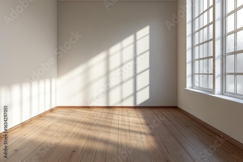 Wallpaper Mural Minimalist empty room with wooden floor and large windows casting soft natural light and shadows on neutral walls Torontodigital.ca