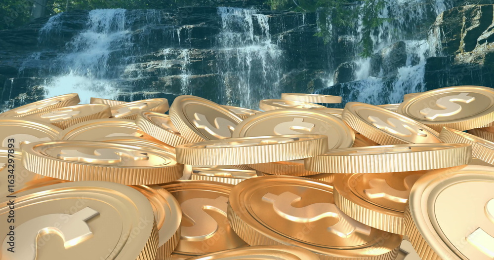 Naklejka premium Pile of shiny golden coins sitting in forest waterfall scene, with cascading water backdrop