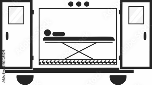 A schematic representation of the interior of an ambulance with patient on a stretcher and open doors silhouette