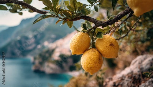 Ripening lemons on a branch overlooking a coastal town