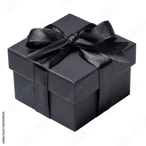 A black matte gift box tied with a black ribbon  isolated on transparent background