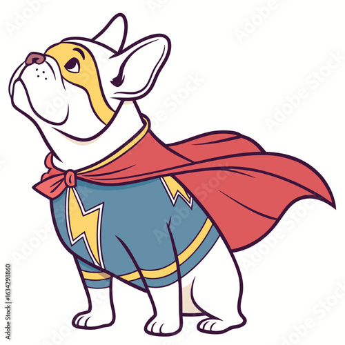 Cute superhero French bulldog with a cape and lightning bolt emblem illustration