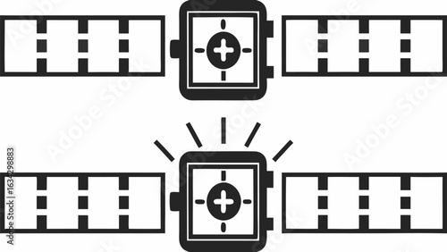 Illustration of two satellites with solar panels and a target symbol in the center square body silhouette
