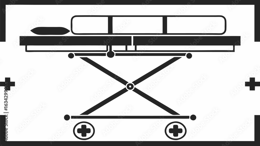 Illustration of a hospital bed with a pillow and mattress on a wheeled frame with plus symbols around it silhouette Illustration of a hospital bed with a pillow and mattress on a wheeled frame with plus symbols around it silhouette
