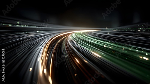 Light trails create abstract patterns on a dark background suggesting speed and motion.