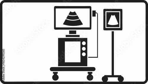 Illustration of a medical ultrasound machine with a screen showing an image and a monitor stand next to it silhouette