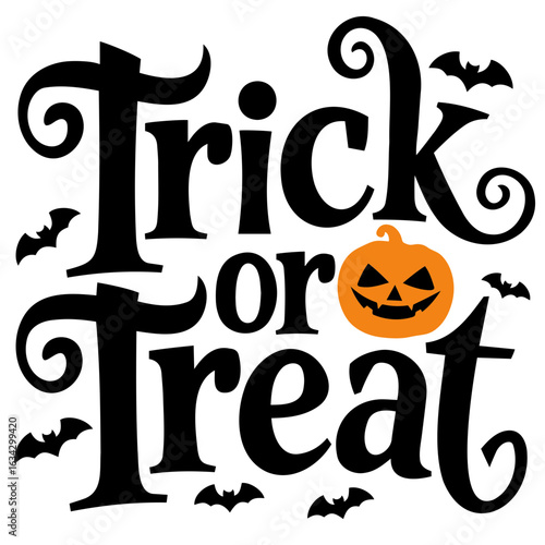 Trick or treat text with bats and a pumpkin for halloween celebration and seasonal decoration theme