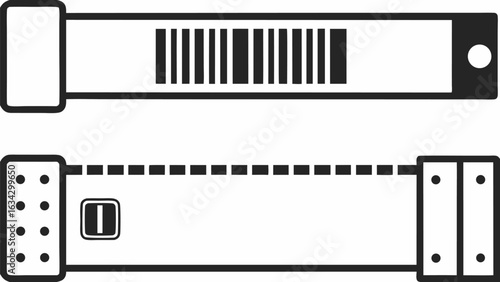 Illustration of two wristbands one with a barcode and the other with a button and holes design silhouette