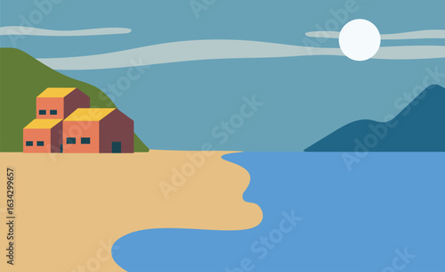 A scenic landscape showing golden sand meeting vivid blue water, with a cliffside structure resting by the edge of the bay.