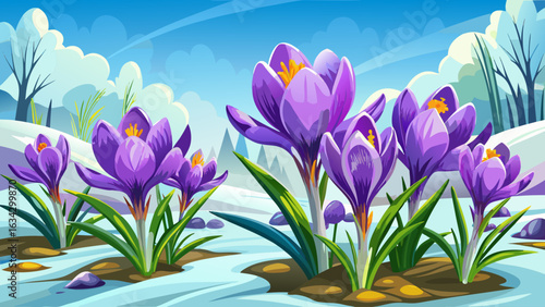 Crocuses - blooming purple flowers making their way from under the snow in early spring, closeup with space for text, banner