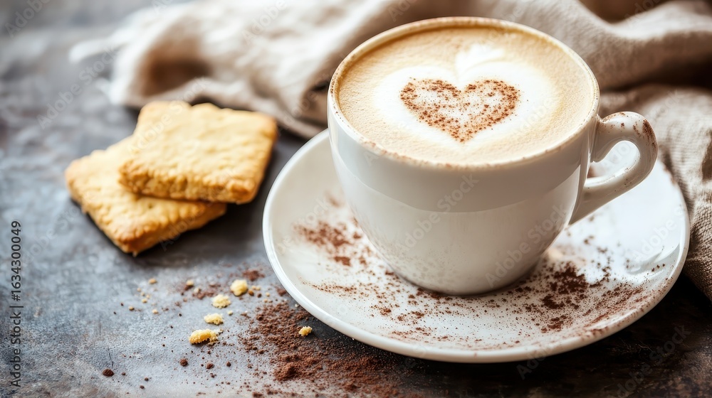 Heart-Shaped Latte Art in White Cup with Cookies on Grey Background Heart-Shaped Latte Art in White Cup with Cookies on Grey Background