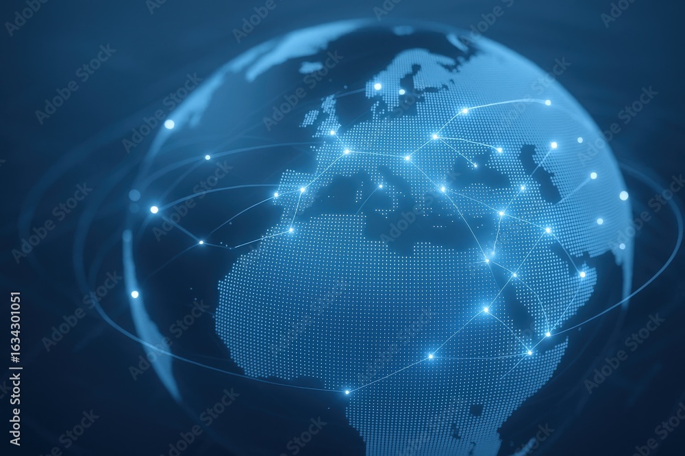 Fototapeta premium Global Network Connectivity: Abstract Earth Globe with Digital Connections and Data Transmission Visualization in Blue