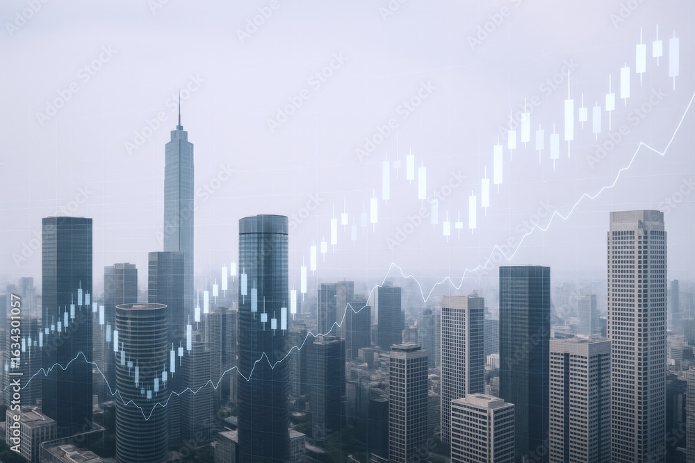 Obraz premium Cityscape Financial Growth: Upward Trend in Urban Economy, Stock Market Analysis with Buildings and Rising Graph