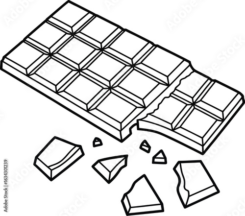 A black and white illustration of a chocolate bar with broken pieces near it