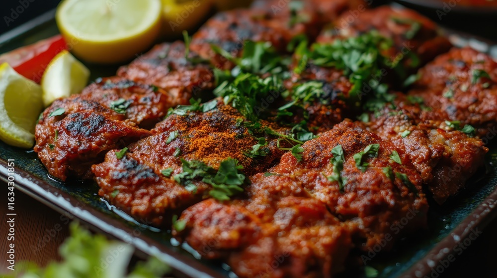 Savory Grilled Dish Garnished with Fresh Herbs and Lemon Slices Savory Grilled Dish Garnished with Fresh Herbs and Lemon Slices